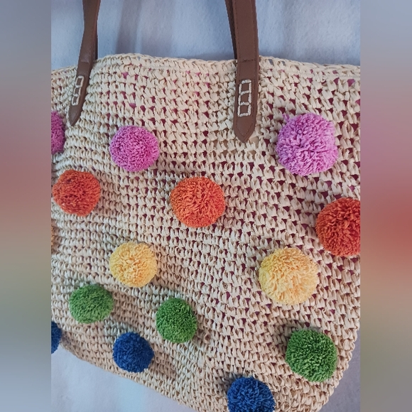 INC Pom Pom Rattan Straw Beach Bag Handbag Tote Purse Perfect For Summer! - Picture 2 of 10
